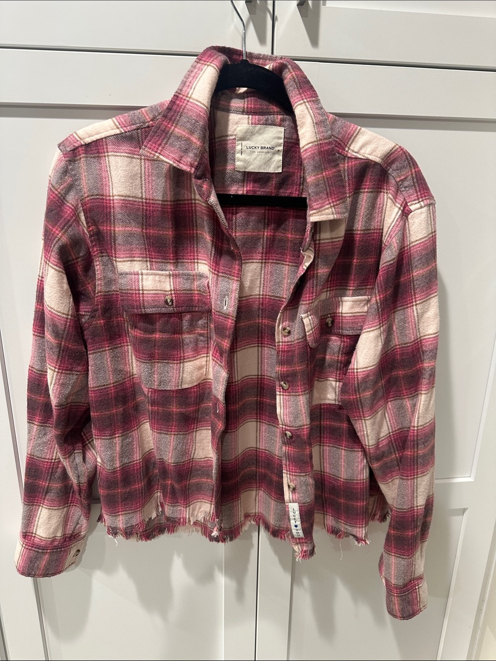 Women’s M Lucky Brand Pink and Cream Plaid Frayed-Hem flannel button down